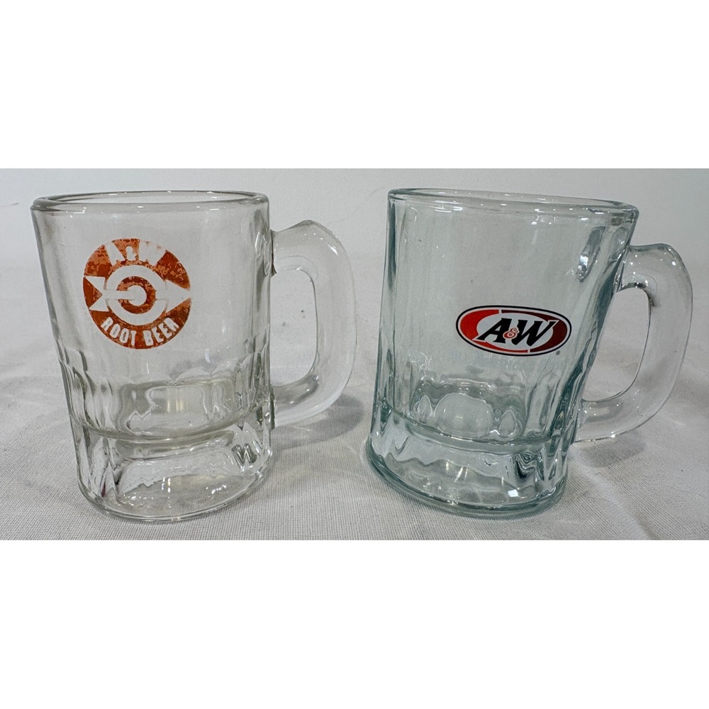 Lot of 2 Vintage A&W Root Beer Mug Shot Mini Glasses 3.25" Logo Arrow Retro